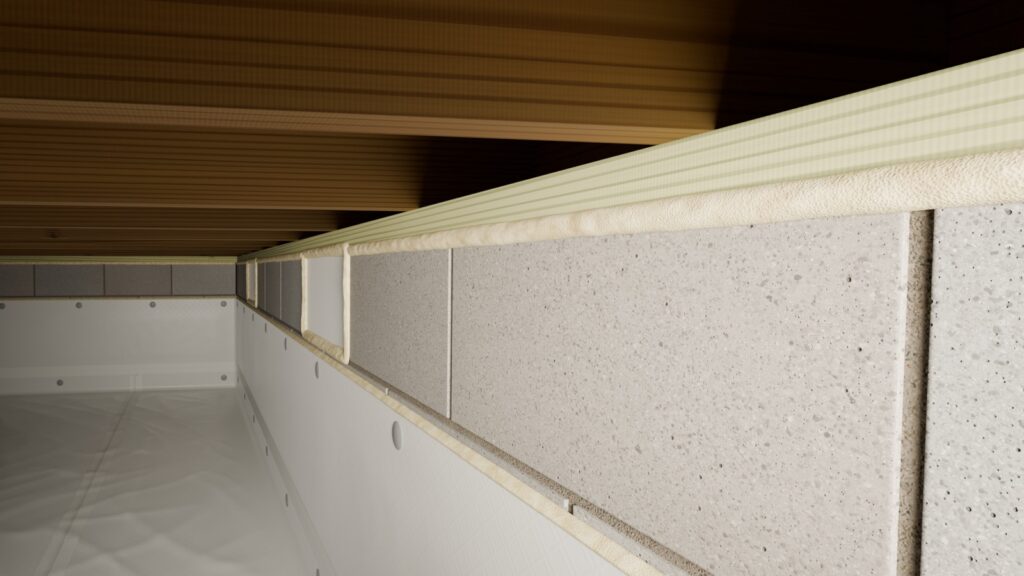 Illustration of a sealed crawl space with a white vapor barrier liner, insulated foundation walls and wood floor joists